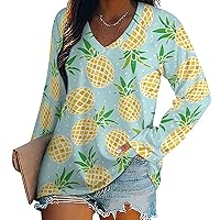 Caroon Pineapples Casual Womens T-Shirts V-Neck Basic Tee Tops Long Sleeve Loose Fit Blouses