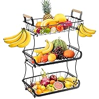 3 Tier Fruit Basket with 2 Banana Hangers, Countertop Fruit Vegetable Basket Bowl for Kitchen Counter Metal Mesh Basket Fruits Stand Holder Organizer for Bread Snack Vegetable Fruit, Black