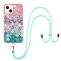 Compatible with iPhone 13 Mini Covers, TPU IMD Personalized Colorful Scales Gilded Border Slim Phone Case Scratch-Proof Shockproof Back Protective Cover with Long Lanyard