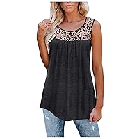 Women's Summer Round Neck Tank Tops Flowy Sleeveless Shirts Casual Loose Lace Solid Color Tunic Blouses