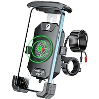 BRCOVAN Motorcycle Phone Mount with Qi 15W Wireless Charger and USB C 20W Fast Charging Port, One Hand Operation Motorcycle Cell Phone Holder with Aluminum Alloy Handlebar Base for 4''-7'' Phones