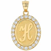 10k or 14k Yellow Gold Finish Round Cut Diamond Unisex Oval Halo CZ Initial Letter H Pendant