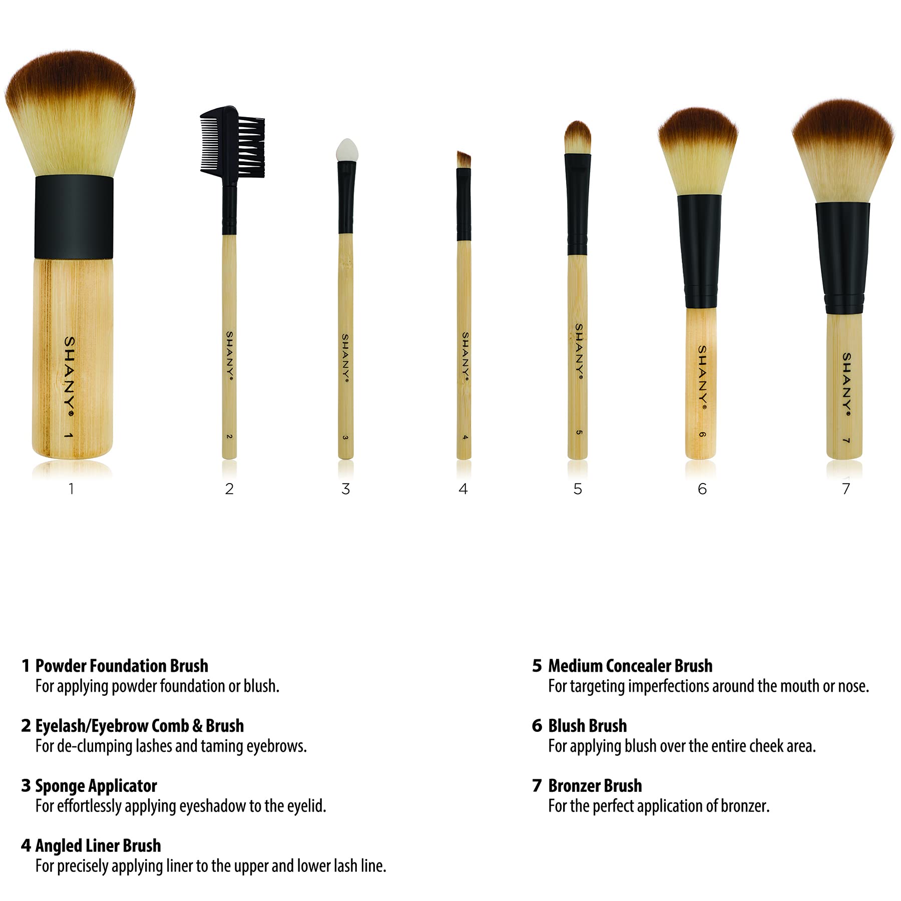 SHANY Bamboo Makeup Brush Set - Vegan Brushes With Premium Synthetic Hair & Cotton Pouch - 7pc