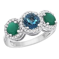 10K White Gold Natural London Blue Topaz & Emerald Sides Round 3-stone Ring Diamond Accents, size 7.5