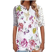 Short Sleeve Shirts for Women Trendy Lace Short Sleeve Blouse Tops Vneck Flower Print Flowy Hem Tunic Cloth Tees