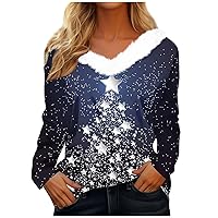 Christmas Outfits for Women Fleece Long Sleeve Fur Collar Shirts Fall Loose Fit V Neck Tees Casual Workout Tops