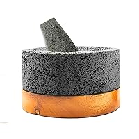 YO PIDO Molcajete 8 in with Wood Stand ; Spice Mortar; Made with Volcanic Stone; Molcajete Handmade in Mexico; Guacamole and Salsa Maker; Includes Pestle Stone