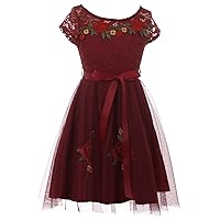 Little Girls' Lace Cap Sleeve Shoulder Line Rose Embroidery Flower Girl Dress