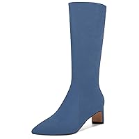 WAYDERNS Womens Solid Pointed Toe Zip Suede Outdoor Dress Block Low Heel Mid Calf Boots 2 Inch
