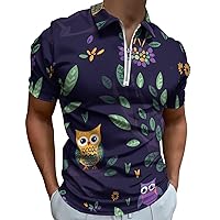 Owl Cartoon Partten Mens Polo Shirts Quick Dry Short Sleeve Zippered Workout T Shirt Tee Top