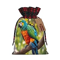 WURTON Fantastic Parrot Feather Print Christmas Party Drawstring Plaid Gift Bags Supply Wedding Holiday Xmas Supplies, 2 Sizes