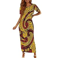 JooMeryer Womens Plus Size Two Piece Outfit Polynesian Short Sleeve Tee Maxi Dress Puletasi Samoan Set