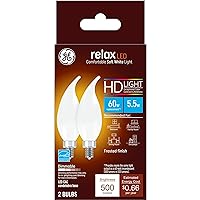 GE Relax LED Light Bulbs, Candle Lights, 60 Watts, Soft White Frosted Decorative CA11 Bulbs, Small Base (2 Pack)