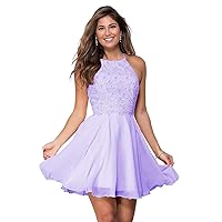 Women's Chiffon Homecoming Dress Laces Applique Short Prom Dresses Knee Length Halter Teens Graduation Party Gown Lilac