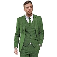 Wangyue Herringbone Tweed Suits for Men Slim Fit 3 Piece Suit Two Buttons Wool Suits 1920's Themed Wedding Suit
