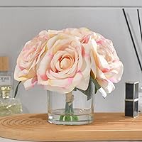 Rose Silk Flower Arrangement with Faux Water Artificial Vivid Rose in Glass Cylinder Vase Elegant Centerpiece for Home Wedding Bathroom Table Shelf Decoration (Champagne Pink)
