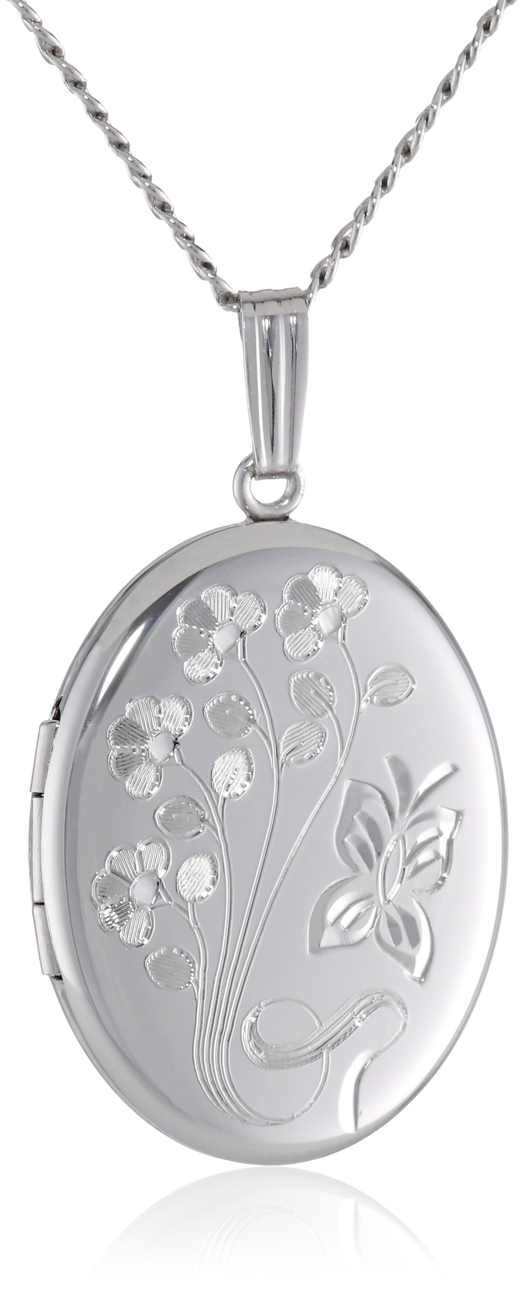 Amazon Collection Sterling Silver Engraved Flowers Oval Locket, 20