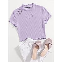 Women's Tops Sexy Tops for Women Shirts Heart Cutout Detail Lettuce Trim Tee Shirts for Women (Color : Lilac Purple, Size : Large)