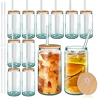 GoldArea 12Pack Glass Cups with Lids and Straws, 18oz Can shaped Drinking Jars, Handmade Drinking Glasses with Bamboo Lids, Iced Coffee Cups, Recycled Glass Tumbler for Juice,Smoothie,Gift
