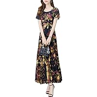 Women's Short Sleeve Rounded Neckline Floral Print A-line Casual Maxi Dress