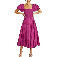 ANRABESS Women's Casual 2024 Summer Fashion Midi Dress Puff Short Sleeve Square Neck Smocked Tiered Boho Beach Dresses