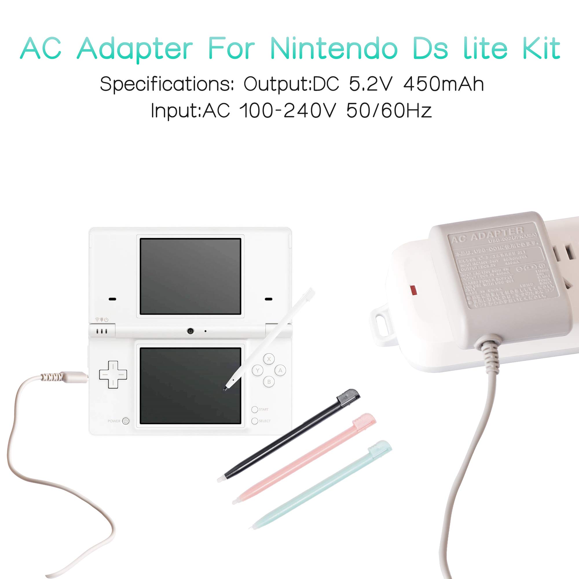 DS Lite Charger Kit, AC Power Adapter Charger and Stylus Pen for Nintendo DS Lite, Wall Travel Charger Power Cord Charging Cable 5.2V 450mA for NDSL