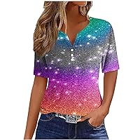 Womens Gradient T Shirts V Neck Rolled Short Sleeve Tops Summer Casual Graphic Tees Trendy Loose Fit Dressy Blouses