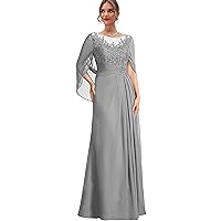 Lace Applique Mother Dresses - Long Formal Dress with Cape Chiffon Ruched Wedding Guest Dress