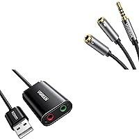 UGREEN Headphone Splitter 3.5mm 2 Female to 1 Male Mic and Audio Y Splitter TRRS Headset Adapter Bundle USB to Audio Jack Sound Card Adapter with Dual TRS 3-Pole Headphone and Microphone