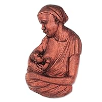 NOVICA Handmade Teak Wood Relief Panel Mother Child from Ghana Brown Wall Decor Panels People Portraits [13.25in H x 3.3in W x 2.2in D] 'Breastfeeding I'