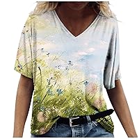 Women's 2023 Summer Fashion Casual Oversize Tee Printed V-Neck Short Sleeve Top Blouse Loose Comfortable T Shirt