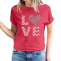 Valentines Short Sleeve T-Shirts for Women Love Heart Print T-Shirt Plaid Love Letter Crewneck 2024 Lover Gift Tee