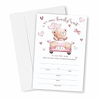 Teddy bear Baby Shower Invitation , Pink heart Baby Shower Invites Decorations , Gender Reveal Party and Events Supplies, 25 Fill-in Invites Cards with Matching Envelopes（YQK-006）