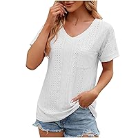 Womens Tops V Neck Eyelet Embroidery Tops Summer Fashion Clothes Loose Fit Casual Short Sleeve Blouse T Shirts