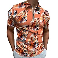 Horse Colorful Portrait Men's Zippered Polo Shirts Short Sleeve Golf T-Shirt Regular Fit Casual Tees
