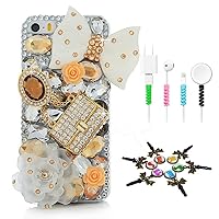 STENES Bling Case Compatible with iPhone 12 Pro Max Case - Stylish - 3D Handmade [Sparkle Series] Polka Dot Bows Bag Rose Flowers Design Cover with Cable Protector [4 Pack] - Champagne