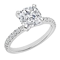 Cushion & Round Lab Grown White Diamond or Cubic Zirconia Solitaire Cushion Cut Engagement Ring for Women in 925 Sterling Silver