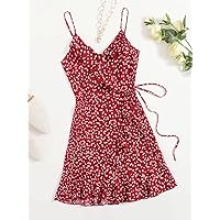 Summer Dresses for Women 2022 Allover Heart Print Ruffle Detail Wrap Cami Dress Dresses for Women (Color : Burgundy, Size : X-Small)