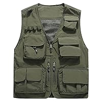 Flygo Men's Casual Lightweight Outdoor Fishing Work Safari Travel Photo Cargo Vest Jacket Multi Pockets(Large, Army Green)