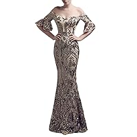 Women's Off-Shoulder Sequins Mermaid Evening Dress with Sleeves