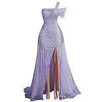 Evening Dress Beaded Sequin One Shoulder Split Tulle Prom Dress