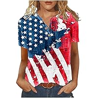 4th of July Patriotic Shirts for Women American Flag Shirt Cute Sunflower Graphic Tee Short Sleeve V Neck Button Top