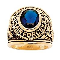 PalmBeach Jewelry Men's 14K Yellow Gold Plated Antiqued Oval Cut Simulated Red Ruby or Simulated Blue Sapphire Military Ring