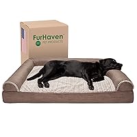 Furhaven Orthopedic Dog Bed for Large Dogs w/ Removable Bolsters & Washable Cover, For Dogs Up to 125 lbs - Luxe Faux Fur & Performance Linen Sofa - Woodsmoke, Jumbo Plus/XXL