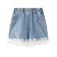 Little/Big Kids Girls Solid Color Elastic Waistband Lace Hem Denim Shorts with Pockets Daily 9 Months Baby Kids