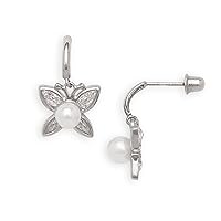 14k White Gold White 5x5mm Freshwater Cultured Pearl and CZ Cubic Zirconia Simulated Diamond Butterfly Angel Wings Screw back Earrings Jewelry for Women