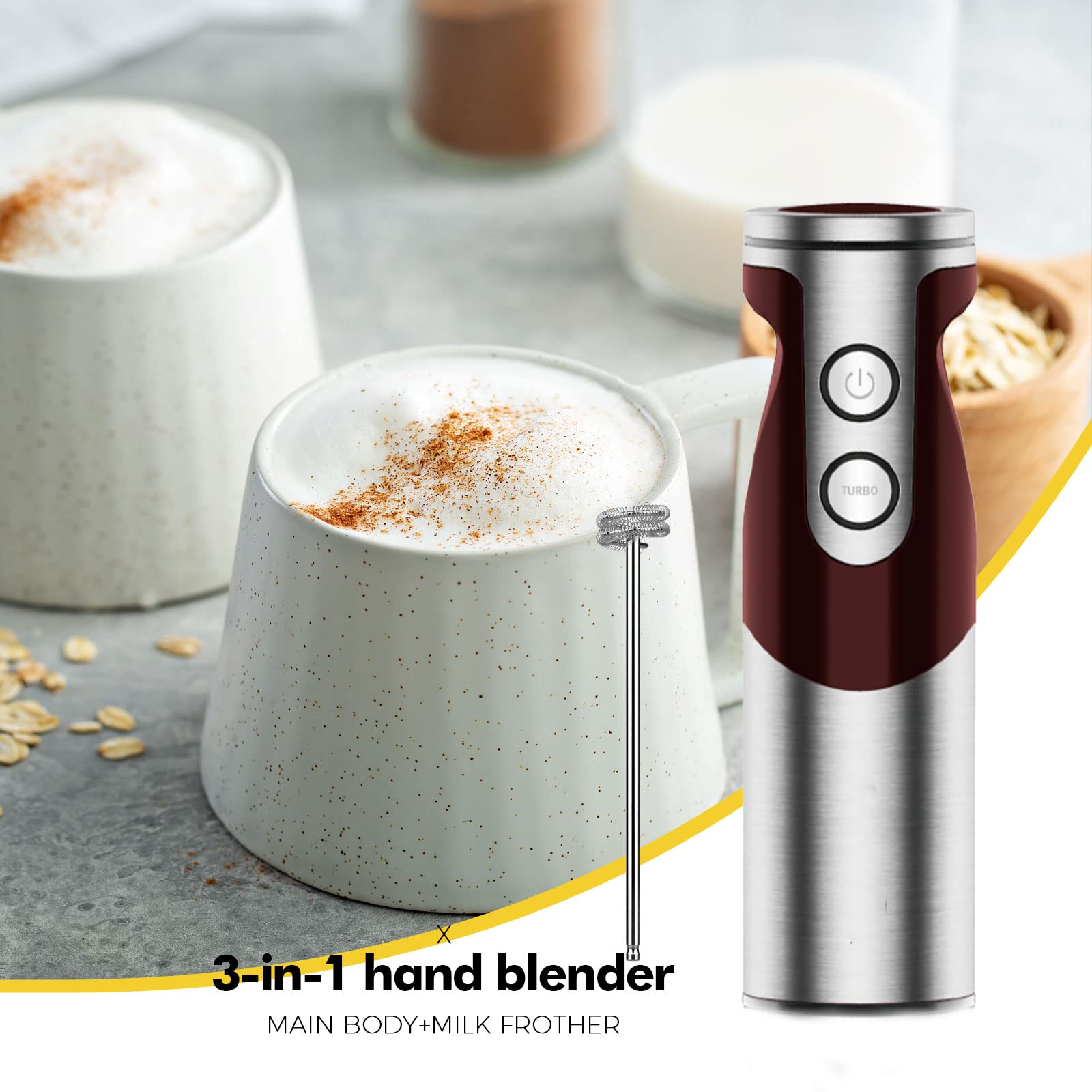 3- in-1 Immersion Hand blender, Powerful 1000W Stainless Steel Stick Blender, 4 Sharpe Blades with Whisk, Milk Frother Attachments