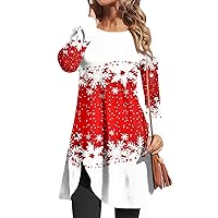 Women's Christmas Tops Round Neck Loose Casual Long Sleeve Printed Button Mid-Length T Shirt Top, S-3XL
