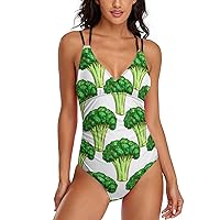Green Broccoli Summer Bathing Suit One Piece Swimsuit Bikini Sets for Women Deep V Neck Cross Back