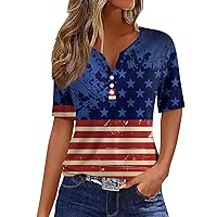 Women's American Flag T-Shirt 4th of July Independence Day Star Stripe Printed Tops Fashion V Neck Button Down Casual Shirts